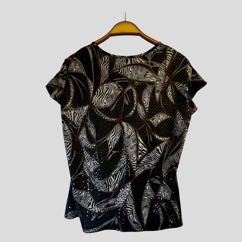 Initiatives Women’s Blouse Size M Black Brown Animal Print Short Sleeves - Picture 10 of 12